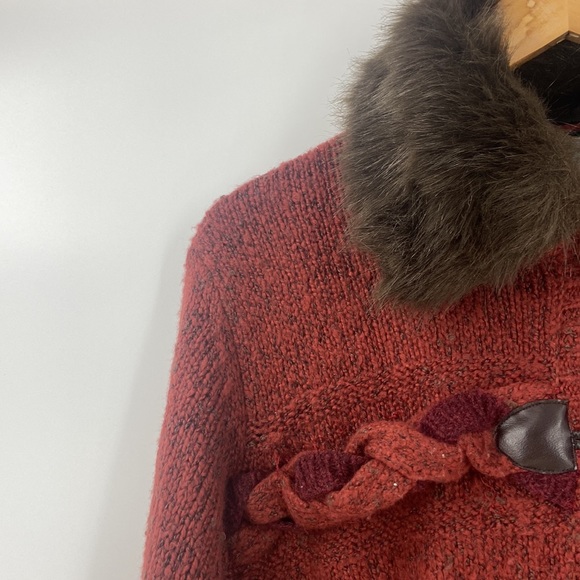 Rust colored wool blend toggle close knit sweater Jacket faux fur collar large - Picture 10 of 16